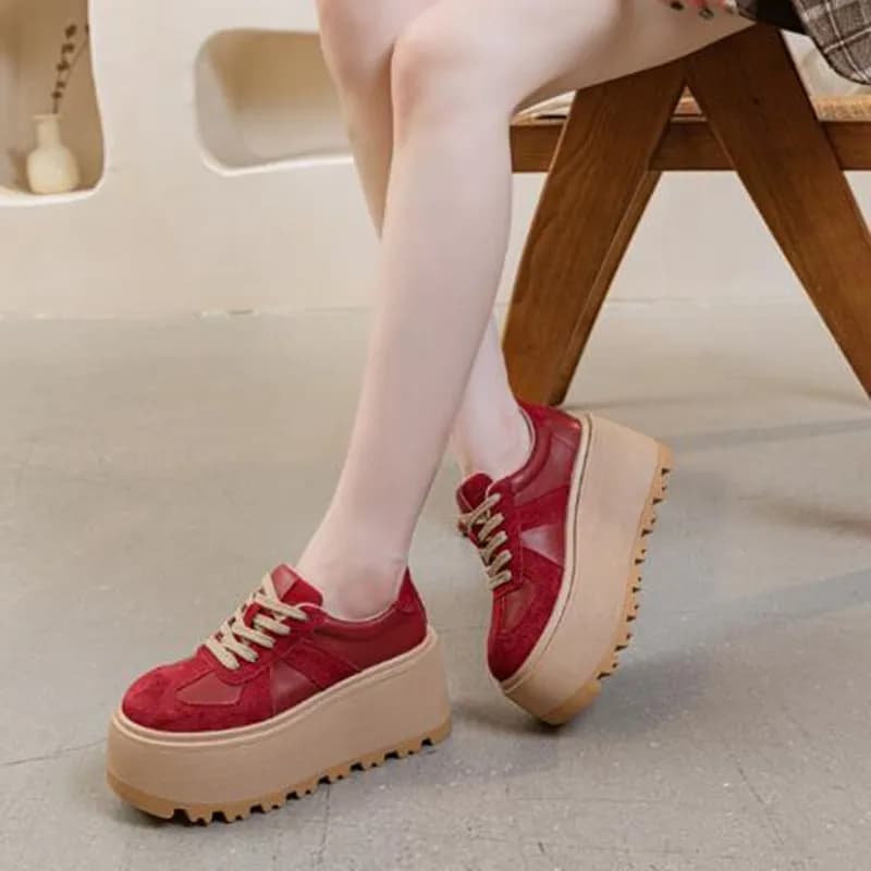 2026 High Quality 8CM Genuine Leather Breathable Fashion Chunky Sneaker Flats Booties Boots Spring Autumn Women Vulcanize Shoes