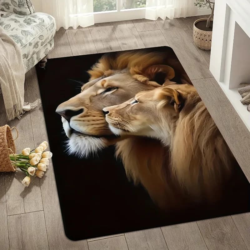 Tappeto in Flanella con Stampa di Coppia di Leoni, Design Artistico di Fauna Selvatica, Morbido Tappeto in Pile per Soggiorno, Tema Animale, Decorazione Casa, Tappeti Unici