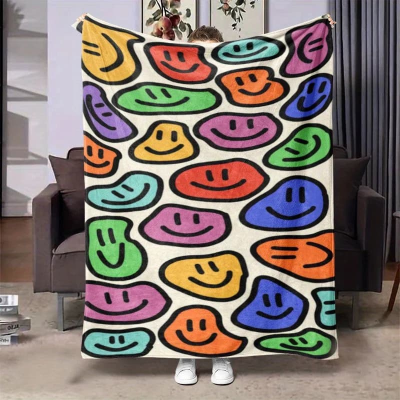 Smiling Faces Joy Blanket Reversible Flannel Throw for Happy Decor AllSeason Comfort Playful Pattern Gift