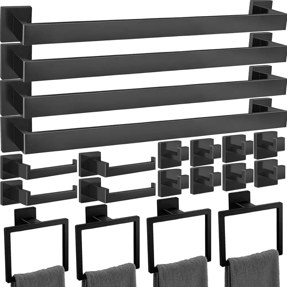 Set di accessori per il bagno neri opachi da 20 pezzi, inclusi portasciugamani da 23,6 pollici, anelli porta asciugamani, porta carta igienica da bagno
