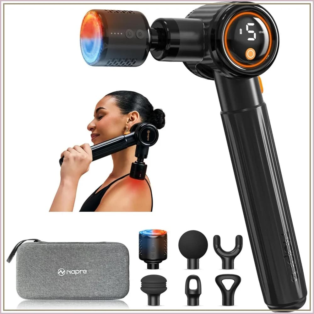 Massage Gun with Heat and Cold, Deep Tissue Percussion Back Massager with Extension Handle & 3 Adjustable Angles, 6 Heads, Carrying Case for Muscle Pain Relief