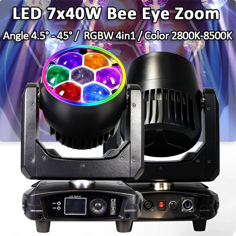 7x40W RGBW 4in1 LED Mini Bee Eye con anello luminoso Zoom Wash DMX512 Illuminazione scenica per la festa in famiglia Disco Bar Illuminazione discoteca
