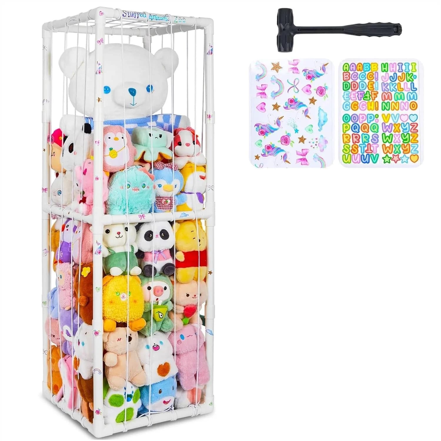 Organizzatore per peluche di grandi dimensioni con fascia elastica, contenitore in PVC rinforzato per camera da letto e soggiorno, bianco