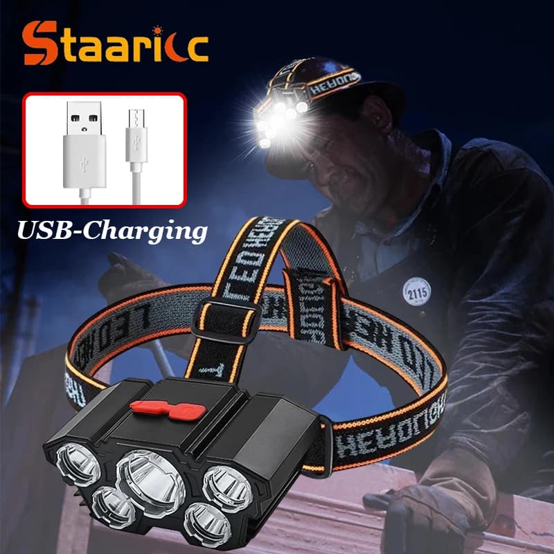 STAARICC Torcia frontale a LED ricaricabile tramite USB, torcia impermeabile montata sulla testa, per pesca notturna, escursionismo