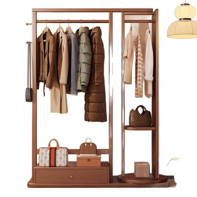 Solid Wood Floor Standing Coat Rack with Full Length Mirror Bedroom Entryway Clothes Hanger Storage Organizer for Living Room