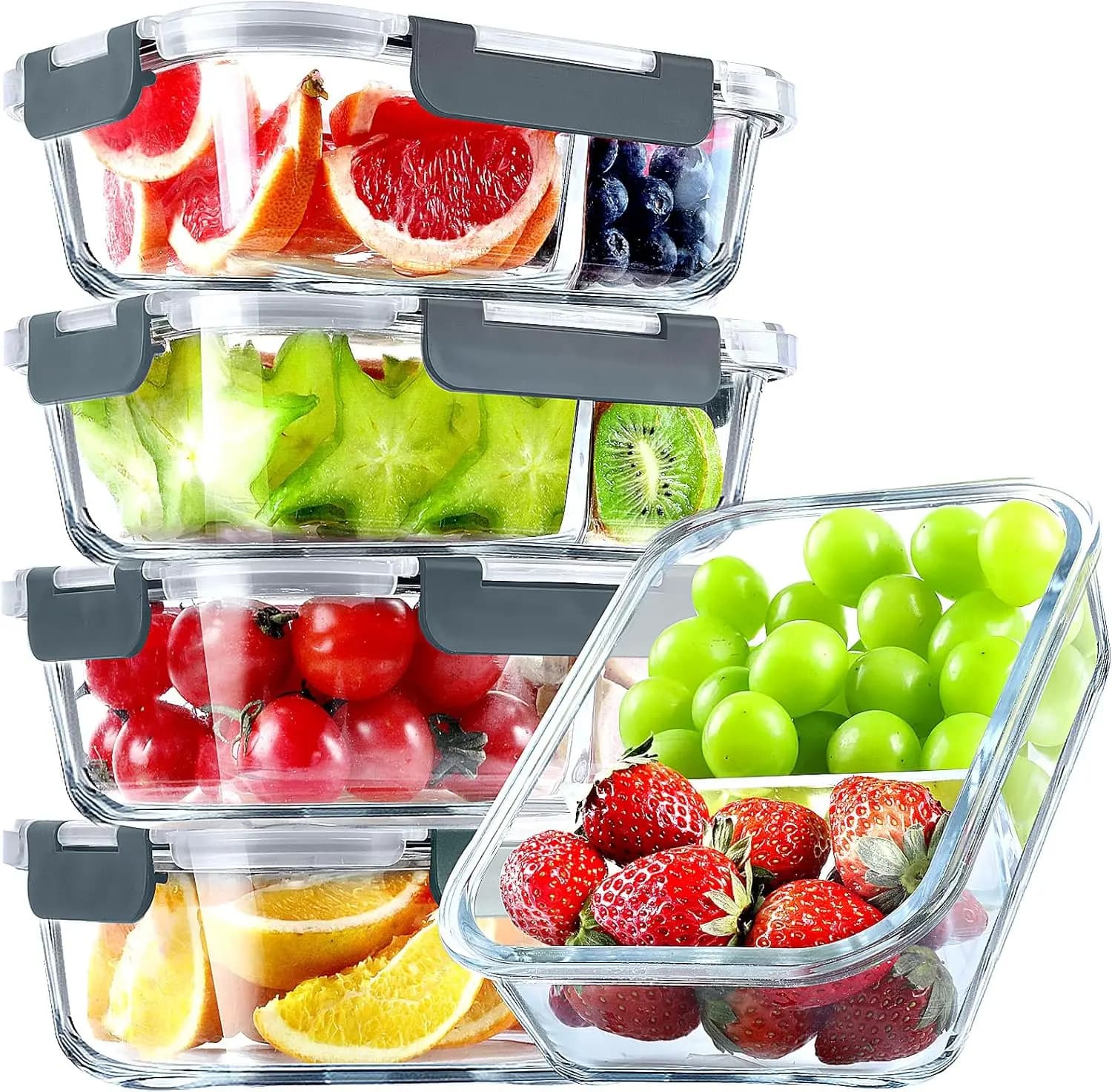 Set of 5 Glass Containers for Pasti Preparation with 2 Parts, 36OZ Glass Airtight Containers for Lunch, Glass Containers for Preservation Foods with