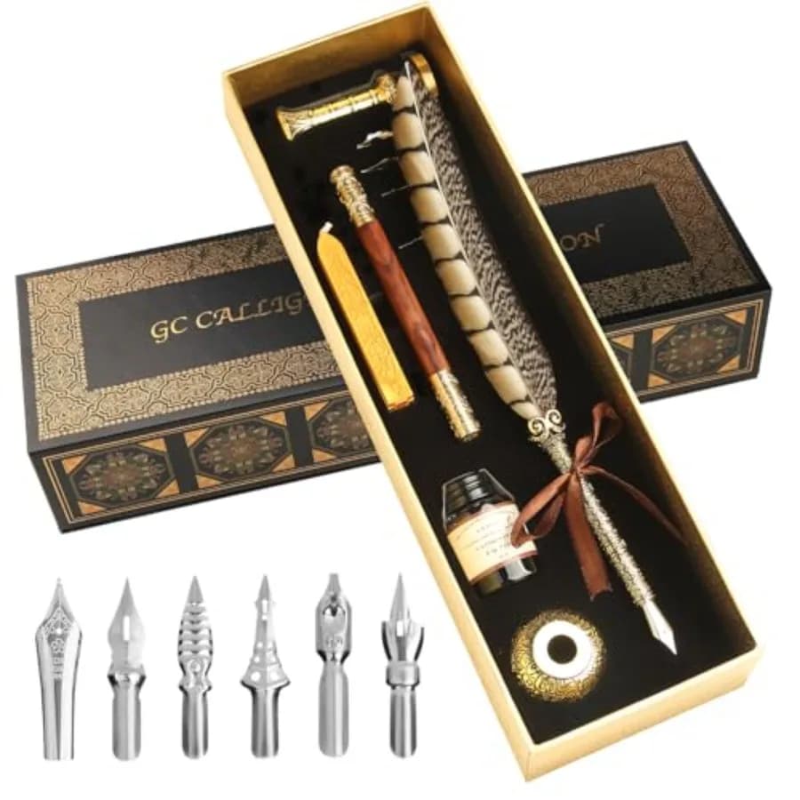 Calligraphy Pen Set - Feather Dip Pen, Dual Tip Calligraphy Fountain Pen, Stamp, Wax Candle, Pen Base, Ink Bottle, Ink Cartridg