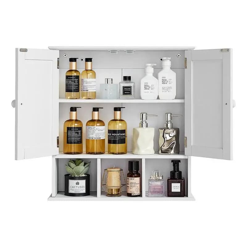 Armadio a Muro 21x8x24 Pollici per Lavanderia, Cucina, Bagno, con Doppie Porte, Ripiano Regolabile, Organizzatore Sospeso a Parete Bianco