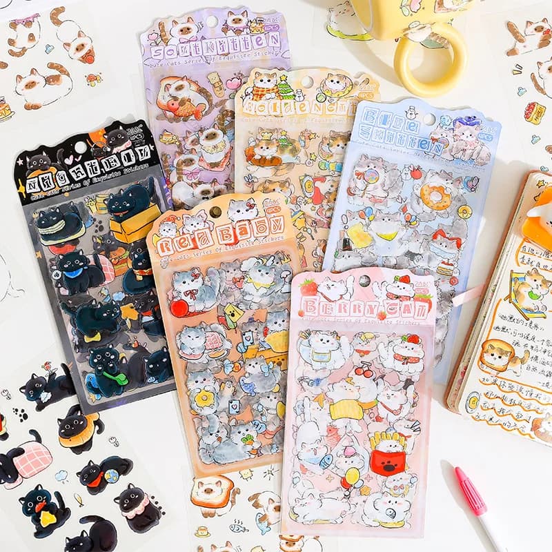 Journamm 4 Fogli di Adesivi Impermeabili in PET con Gatti Carini per Scrapbooking, Diari, Agende, Fai da Te, Decorazione di Quaderni e Album