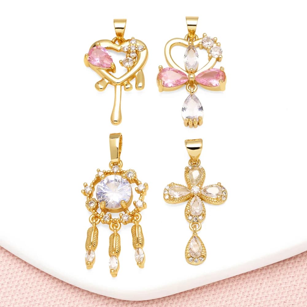 OCESRIO Boho Pink Crystal Heart Cross Pendant for Necklace Copper Gold Plated Dream Catcher Jewelry Making Supplies pdta607