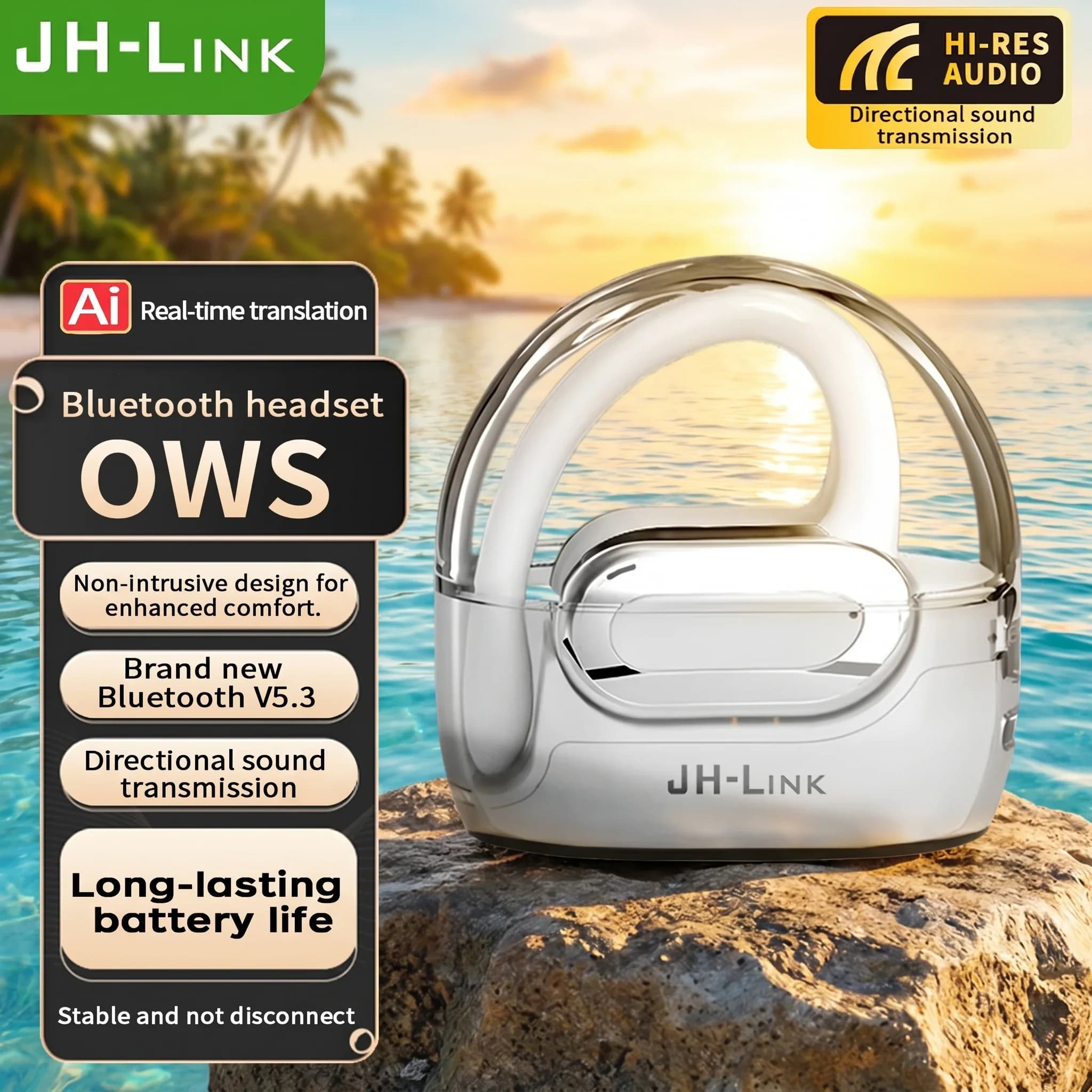 Cuffie Bluetooth 5.3 JH-Link OWS Open Ear con Traduzione AI in Tempo Reale, Audio Hi-Res, Batteria da 30 Ore