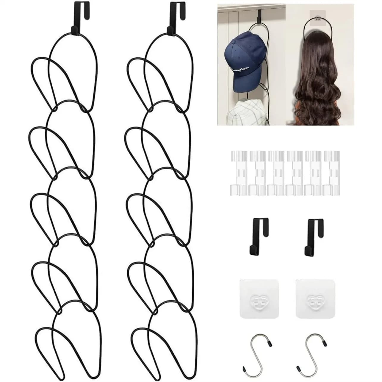 10 Pack Hat Rack Hanger for Closet Storage, Hanging Baseball Cap Organizer with Hooks for Scarves Handbags Towels, Black