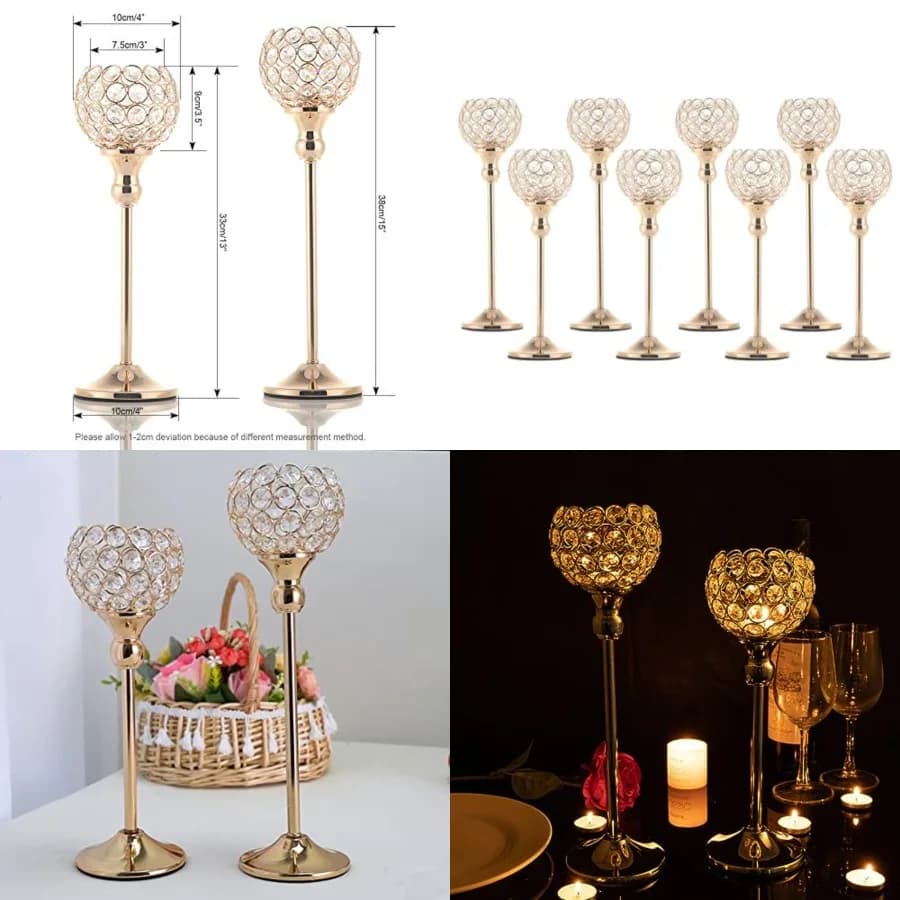 Set di Portacandele per Candele a Colonna, Portacandele Dorati in Metallo con Cristalli per Centrotavola Matrimoniali