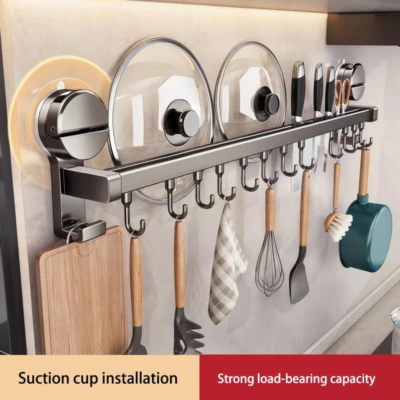 Gun Grey Suction Cup Kitchen Hook Punch-free Storage Rack Hanging Rod Pot Lid Spoon Shovel Wall Hanging Rag Shelf