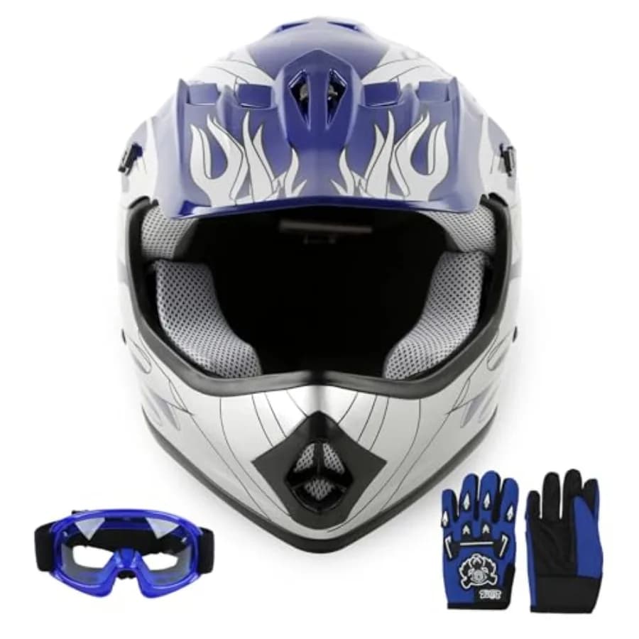Youth kids motocross offroad street helmet for dirt bike ATV use, flame-colored ABS shell with ventilation, lightweight and imp