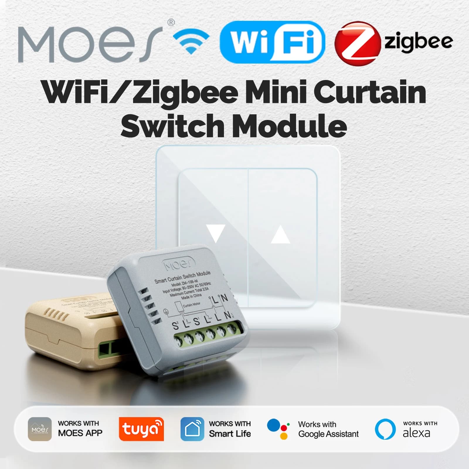 MOES Tuya WiFi/ZigBee Modulo interruttore tenda intelligente, Mini, per interruttore di ripristino a bilanciere, telecomando app Funziona con Alexa Google Home