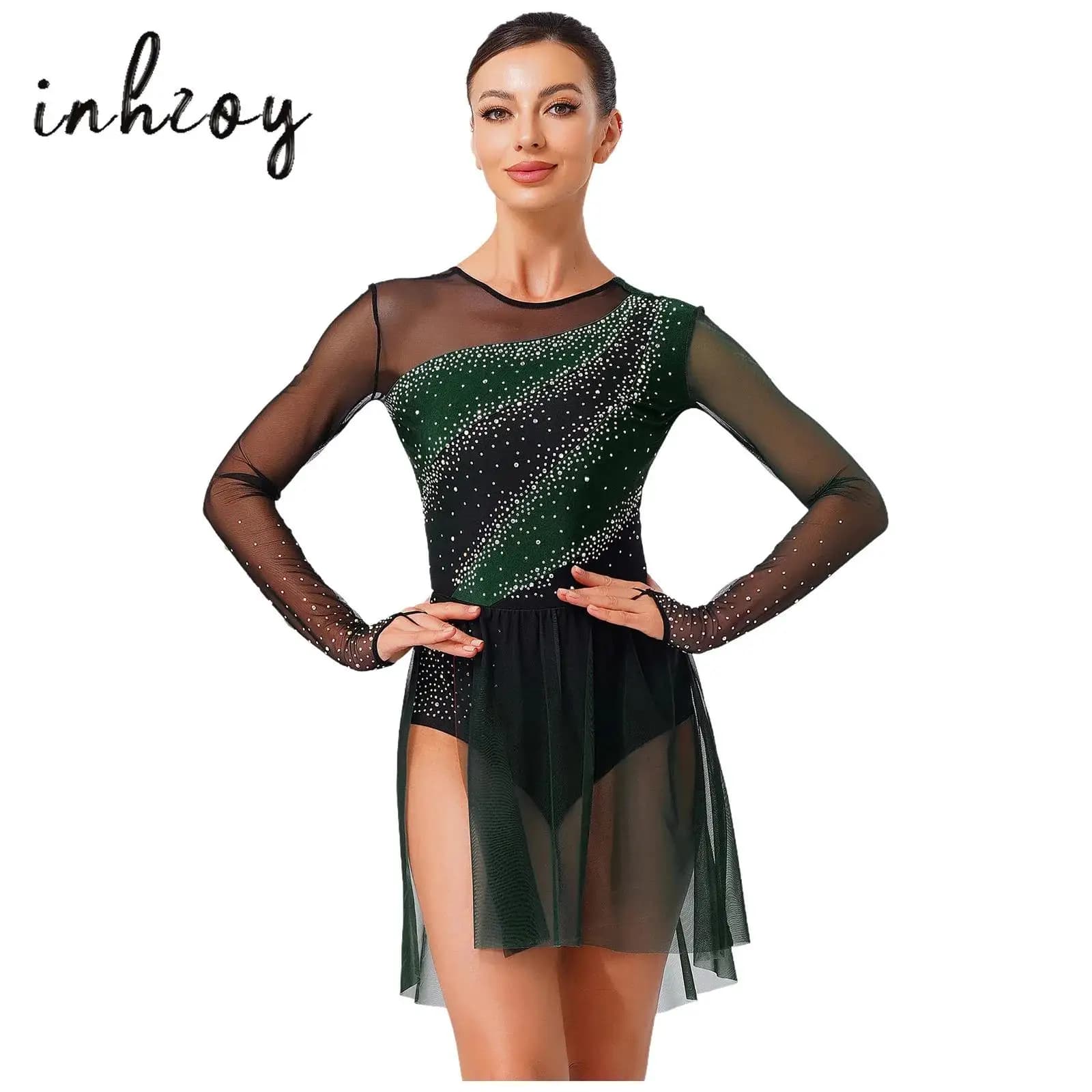 Abito da body da ginnastica da donna con strass lucidi Abito da ballo sovrapposto in rete trasparente per abiti da balletto di pattinaggio di figura di danza lirica
