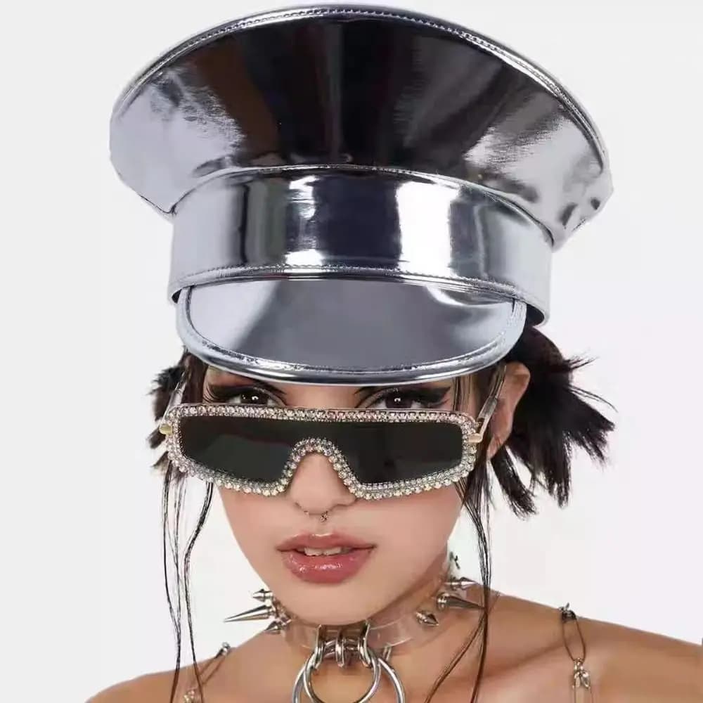 Casual Style PU Leather Laser Hats Waterproof UV Protection Captain Cap Flat Caps Sunscreen Party Hat Festival Events