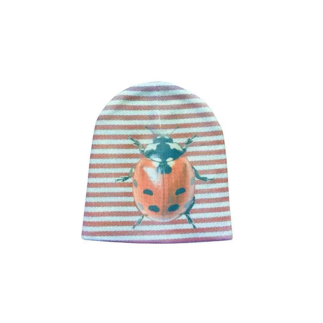 Aesthetic Beanie Hat, Ladybug Bug Print Red White Stripe Knitted Cap, Emo Goth Punk Streetwear Trendy Hat for Teen Girls Women