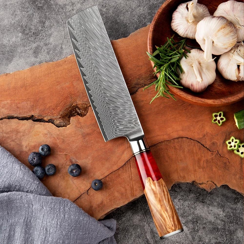 Coltello Nakiri Damasco da 7 Pollici, Lama Affilata in Acciaio Damasco, Coltello da Chef da Cucina a 67 Strati Forgiati, Coltello per Affettare con Manico in Resina Rossa