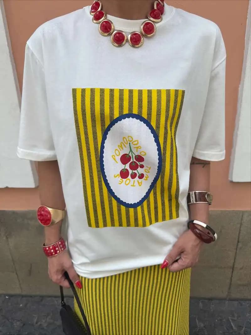 Retro American Vintage Striped Tomato Print Spicy Girl Loose Fit Pure Cotton Short Sleeve T-Shirt Women's Trendy Summer Top