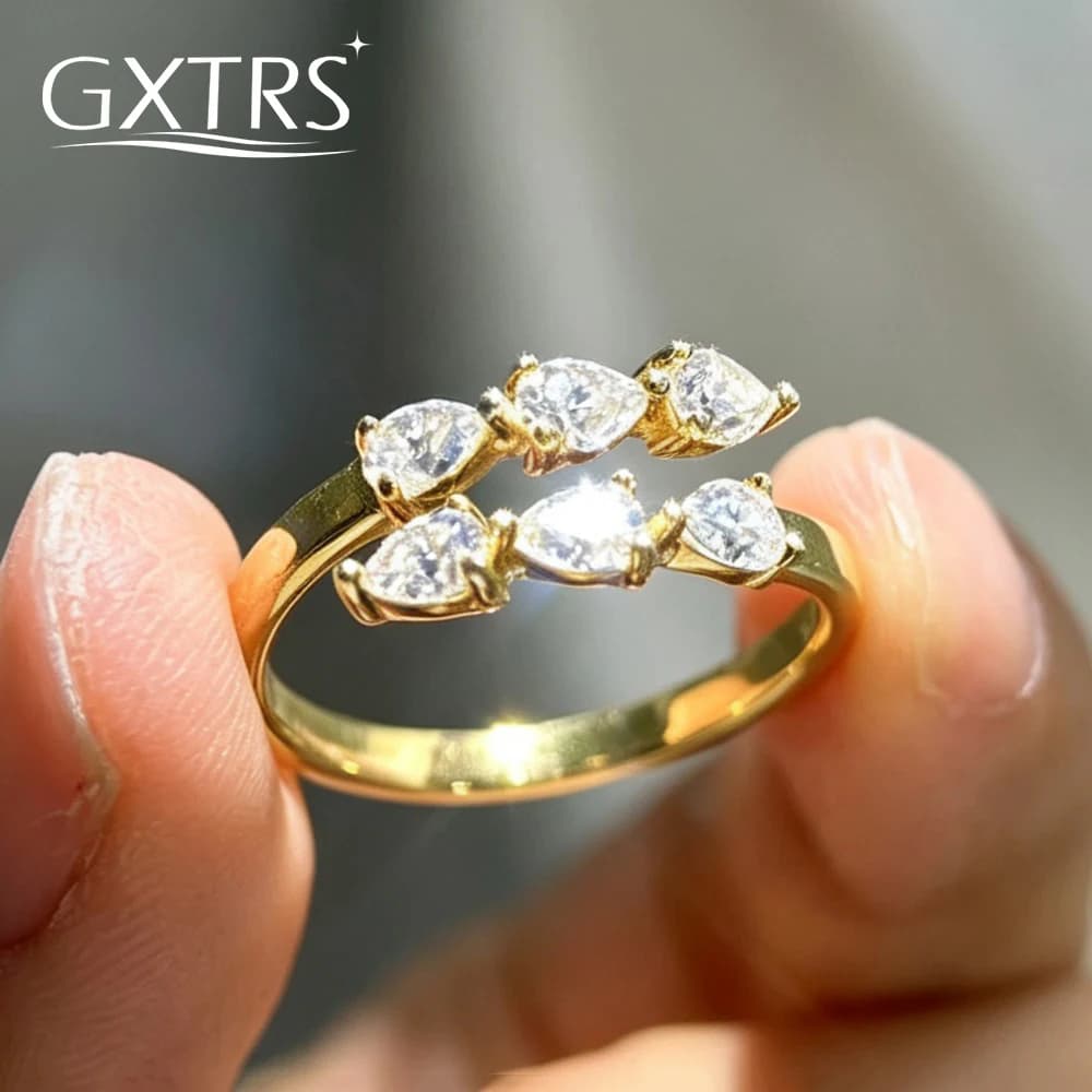 GXTRS 1.8CTTW WaterDrop Moissanite Rings For Women S925 Silver Double Row Lab Diamond Open Ring Eternity Band Gifts Fine Jewelry