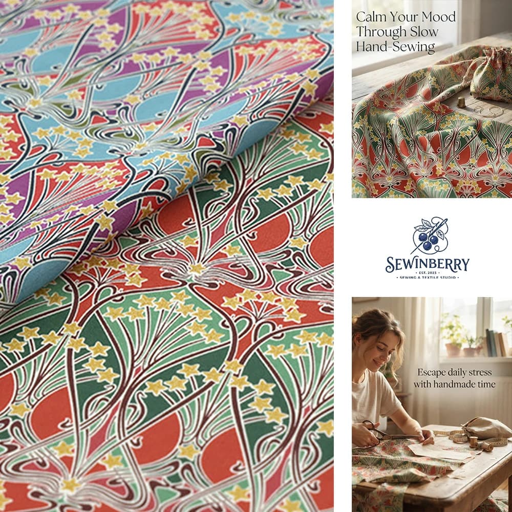 Art Nouveau Vintage Geometric Floral Printed Cotton Fabric Stress-Relief DIY Sewing Material For Dress Blouse Fat Quarter