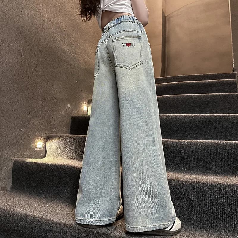 Jeans lavati a vita alta da ragazza Pantaloni classici in denim dritti da strada alla moda per bambini Pantaloni jeans stile semplice per adolescenti