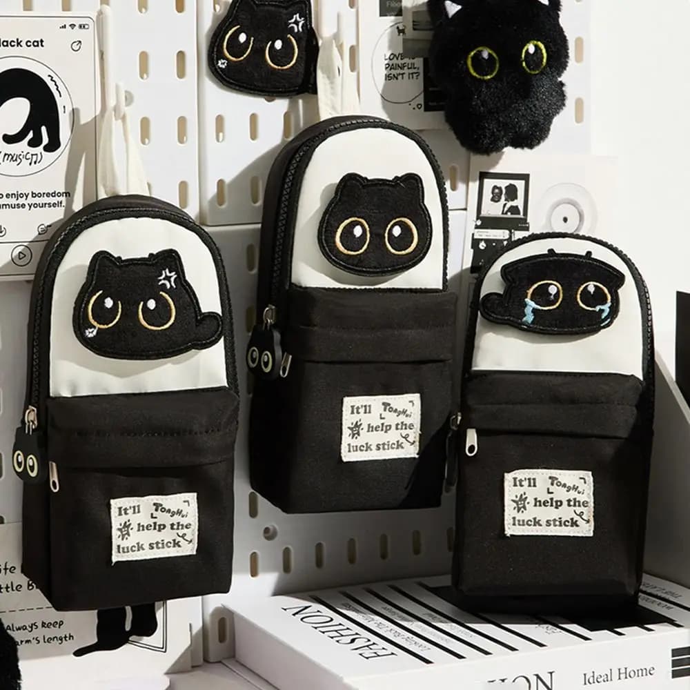 Cartoon Black Cat Pencil Case Embroidery Pattern Backpack Shape Stationery Bag Stationery Organizer Students