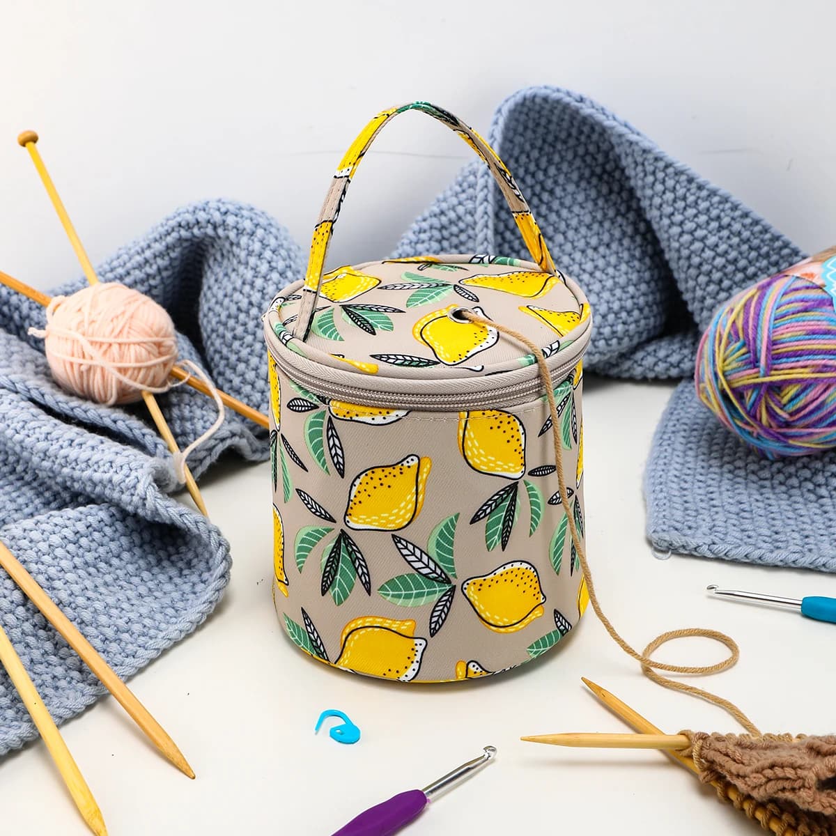 Borsa portaoggetti vuota per piccoli filati Borse in lana lavorata a maglia giallo limone Viaggio portatile Organizzare lo stoccaggio per uncinetto e strumenti da cucito