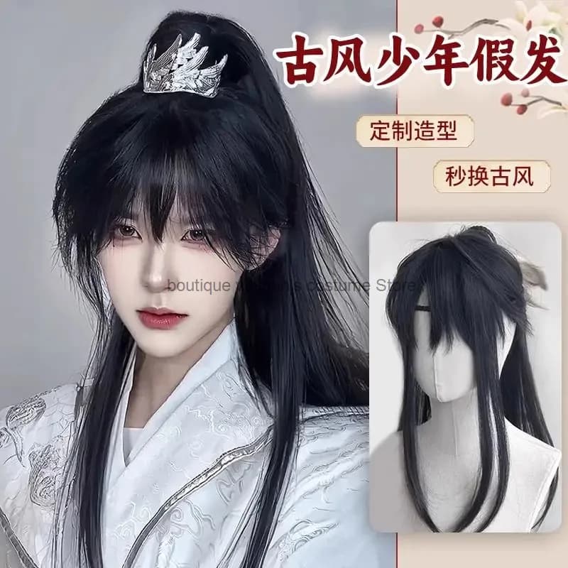 Cos Shen Lan Zhou Antient Hanfu Parrucca da uomo Hanfu Cosplay Acconciatura Stile cinese Coda di cavallo alta Costume antico Copricapo