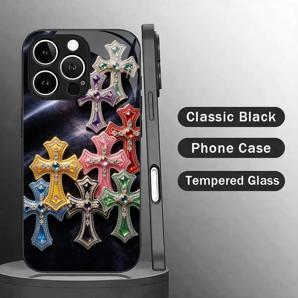 Multi-Color Gem Cross phone case for carcasa iphone Glass TPU for iPhone 17、16、15、14、13、12、pm Pro Plus Super-strong protection