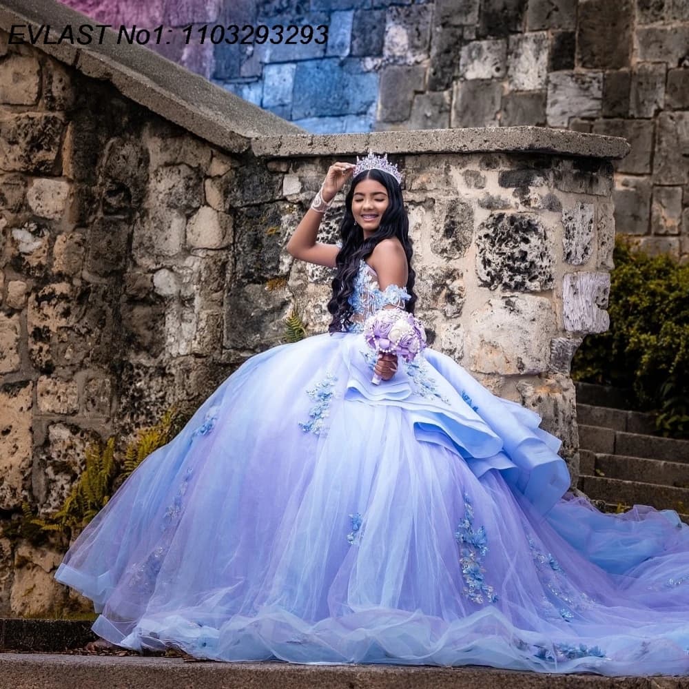 EVLAST Personalizzato 2026 Abito di Sfera Lilla Abito Quinceanera Applique di Perline di Cristallo A File Dolce 16 Abiti Da 15 Anos E1QN359