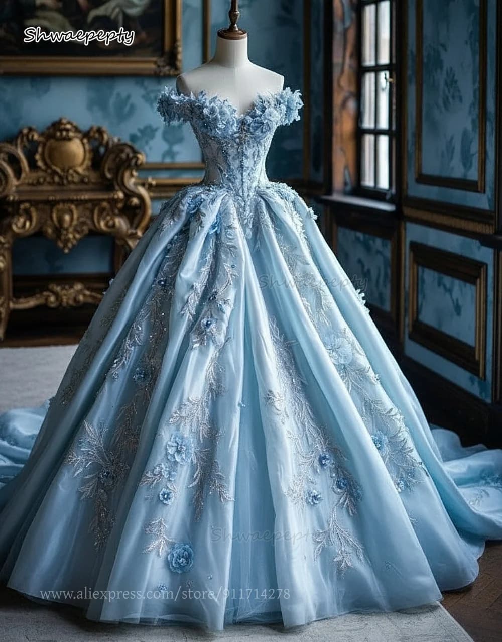 Abito da sposa blu celeste fantasia con applicazioni floreali in pizzo, spalle scoperte, strascico corto, stile principessa pastorale, personalizzabile