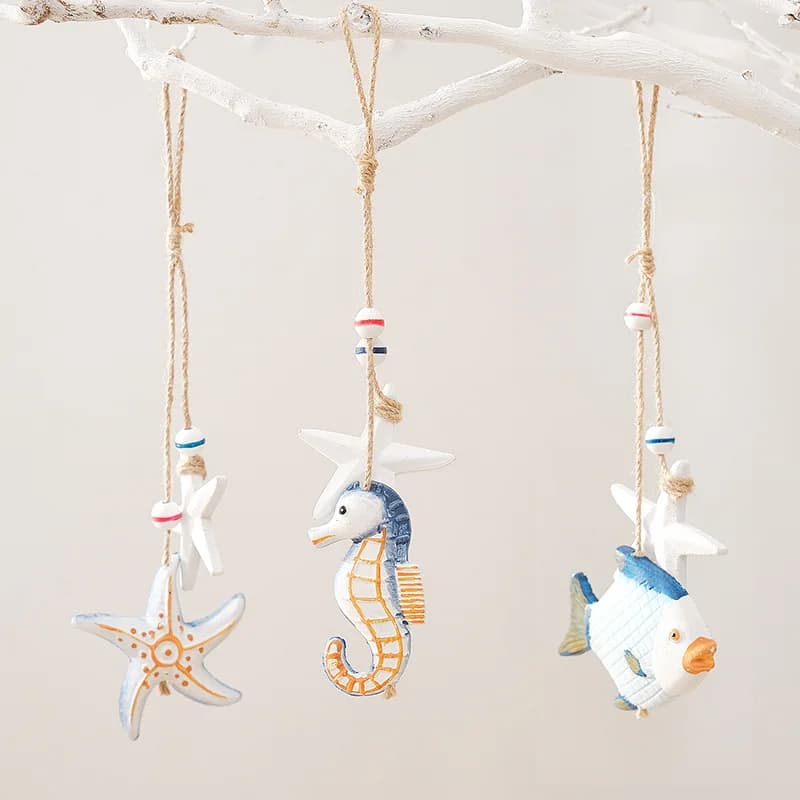 Mediterranean Decoration Starfish Fish Skewers Hanging Wooden Fish Curtains Decoration Fishing Nets Background Decoration