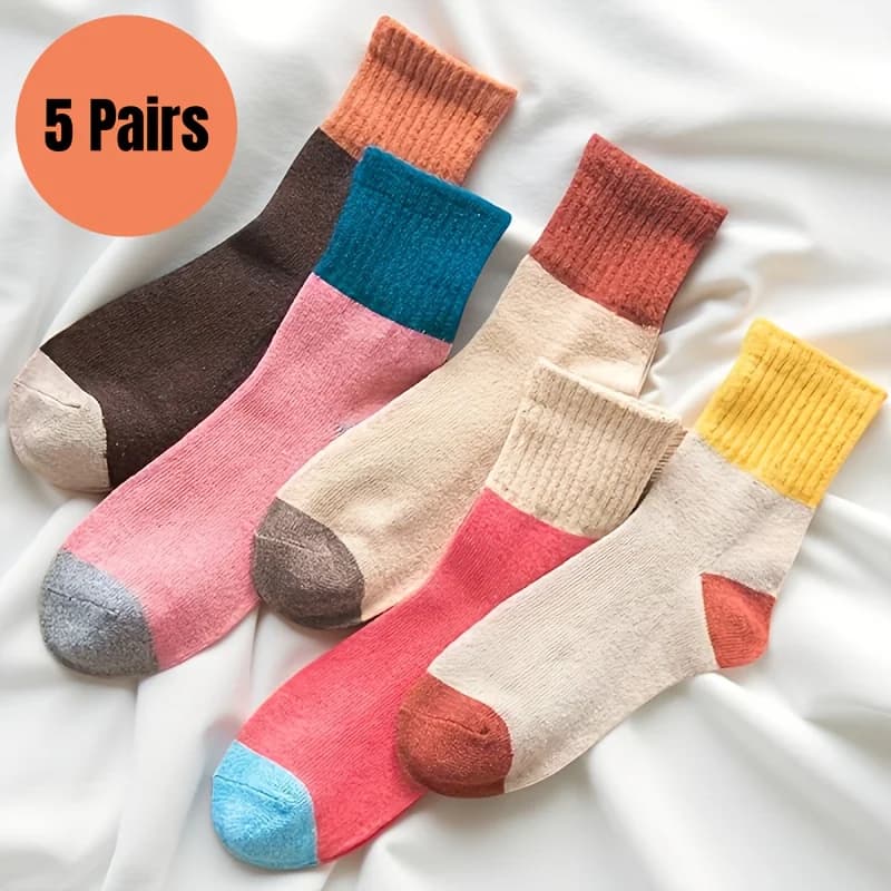 5 pairs of women's winter socks thickened in Korean style with color blocks | Fashionable style / Mid calf socks
