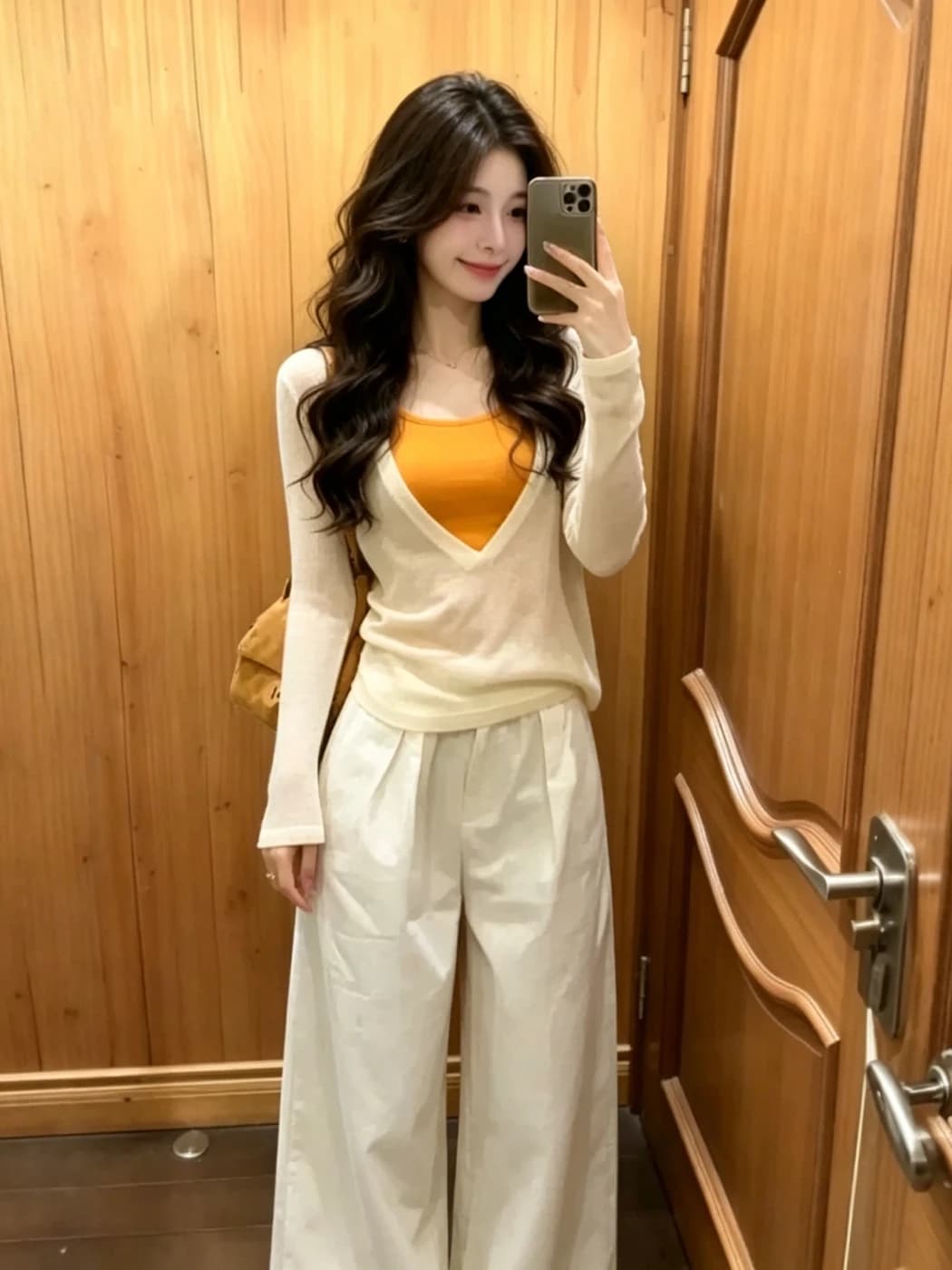 Set two pieces with orange vest and shirt, summer suit for fashionable women, sun protection, long sleeves, V neckline, slim, casual style, for work.