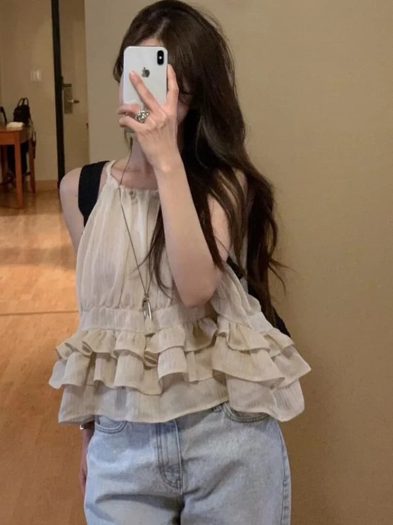 Sweet Summer New Style Thin Short Sleeve Women's Blouse Multi-layer Lace Design Korean Style Spring Autumn Winter Casual Wear