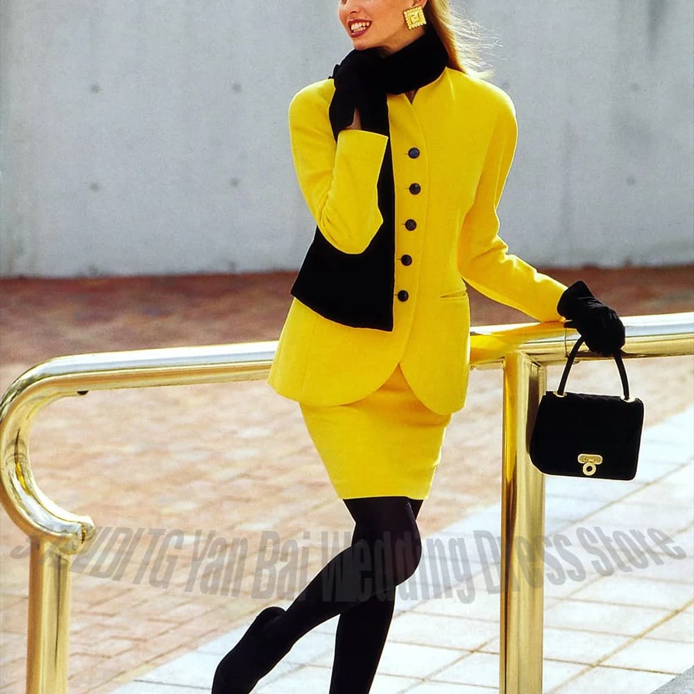 Abito da donna giallo chic monopetto con risvolto alla moda moderno sopra il ginocchio set completo da ballo quotidiano (giacca + gonna corta)