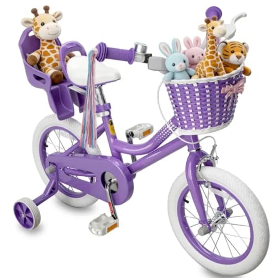 Bicicletta per Bambine 2-8 Anni 12 14 16 Pollici con Sedile per Bambole, Cestino e Ruote Stabilizzatrici, Piccola Bicicletta da Principessa Rosa con Nastri