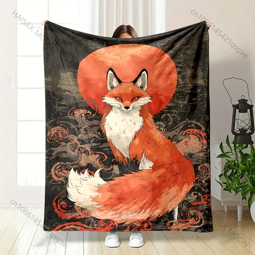 Coperta con stampa di volpe stilizzata davanti al sole rosso, calda, morbida e soffice, per bambini e adulti, per divano, letto, viaggi all'aperto, campeggio, camper