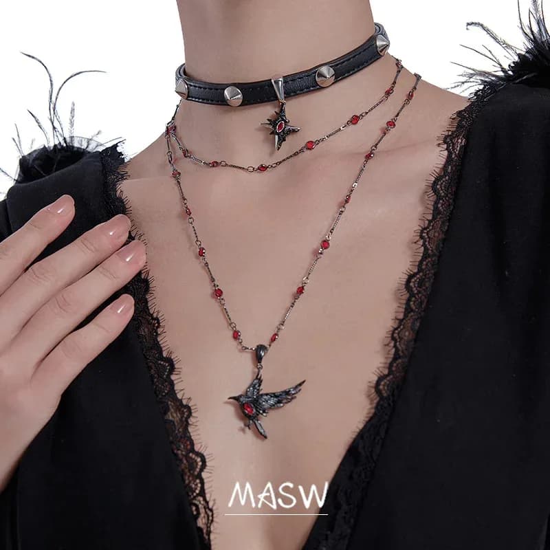 MASW Design Original Hiphop Cool Hot Girl Style Red Crystal Black Bird Necklace For Women Gift For Party Modern Jewelry Accessories