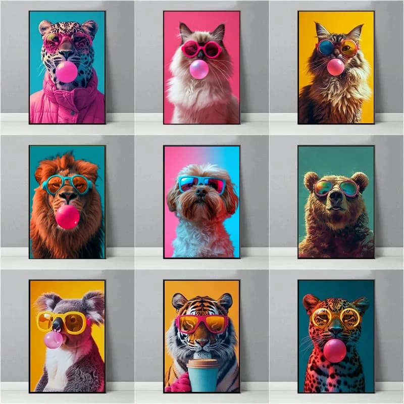 Poster artistico con animali con occhiali da sole: gatto, tigre, leone, giraffa, coniglio - Stampa artistica da parete con effetto diamante per decorazione domestica
