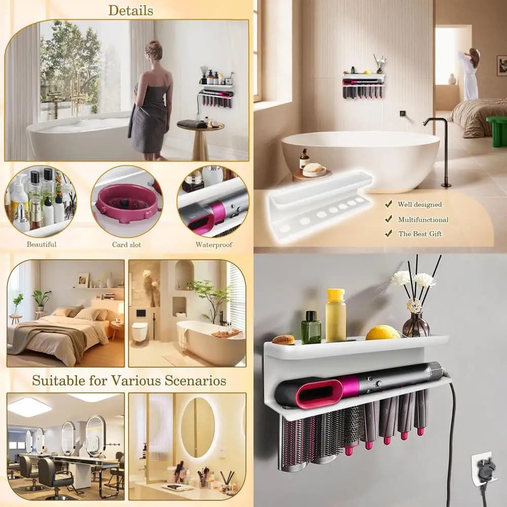 Bearing support compatible with iron hair curlers Wall holder or house organizer (with comb) White