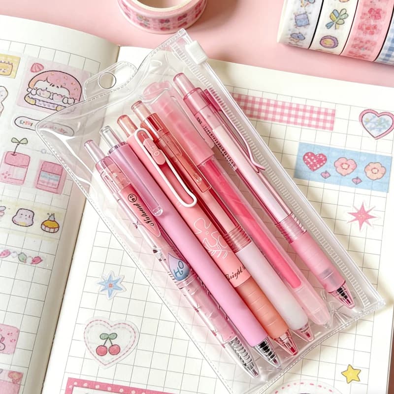 Set di 6 Penne Gel Retrattili Rosa Carine con Evidenziatore, Inchiostro Nero 0.5mm, Set di Cancelleria Scolastica Estetica Kawaii, Penne a Sfera