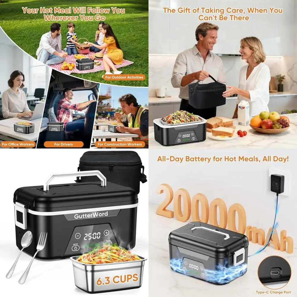 Portapranzo elettrico portatile ricaricabile da 6,3 tazze per adulti con batteria da 20000 mAh, riscaldamento programmato, set di utensili e isolamento