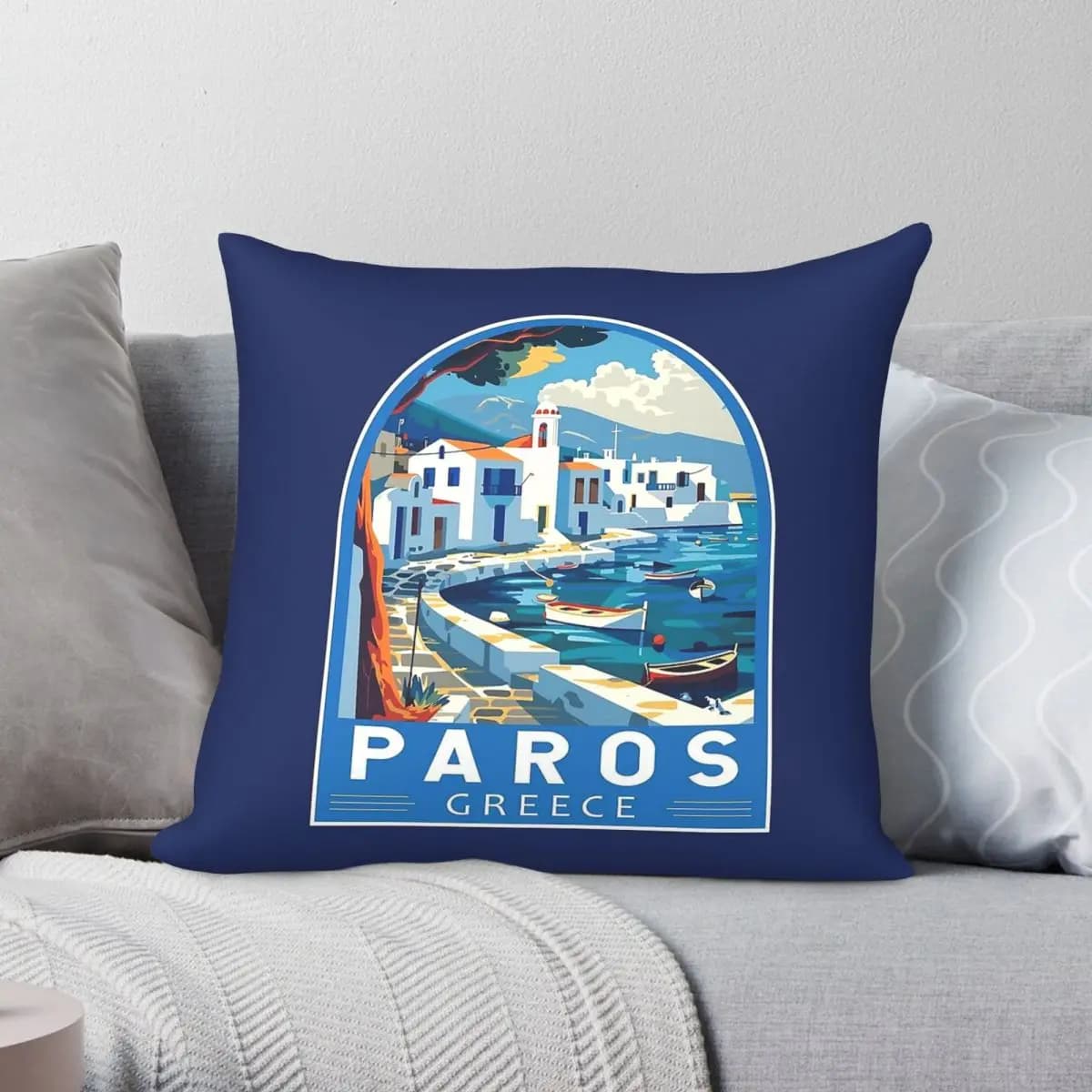 Fodera per cuscino quadrata con emblema di Paros Grecia, in poliestere, lino, velluto, con cerniera, decorativa, per divano, all'ingrosso