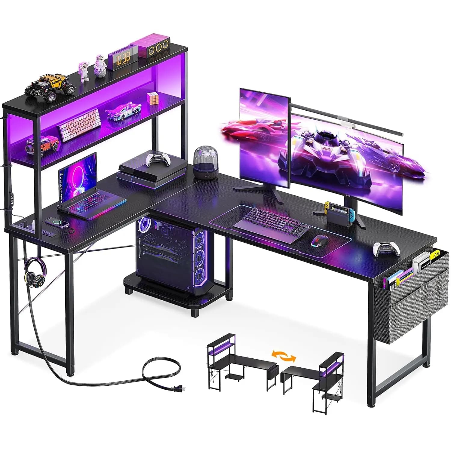 Scrivania da Gaming a L con Luce LED Presa di Corrente 61 Pollici Tavolo per Computer Reversibile con Ripiano Borsa Portaoggetti Gancio per Casa e Ufficio, Personalizzabile