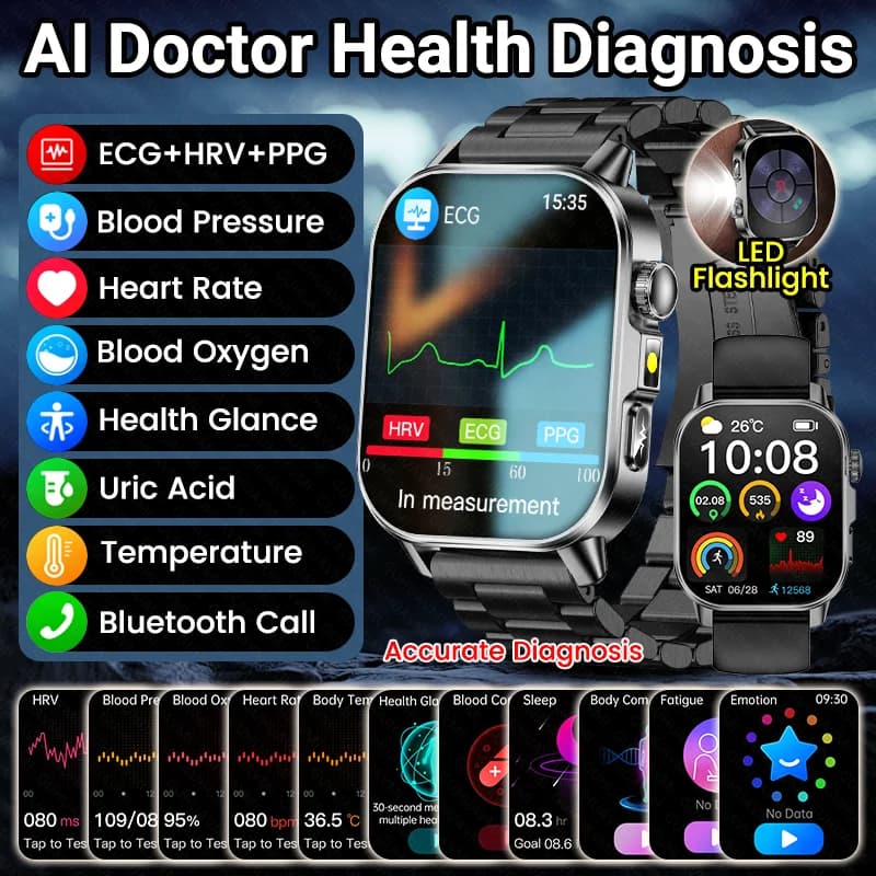 New Smartwatch 2026 with ECG and AI for Accurate Diagnosis, Blood Pressure Monitoring, Oxygen, Urico Acid, Temperature, Physical Examination, BT Calls for Man