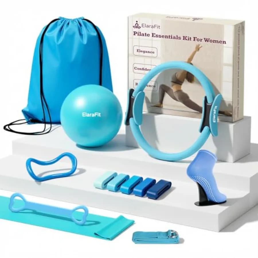 Set di anelli e palle per Pilates a casa per donne con 5 fasce di resistenza, anello magico da 13 pollici, kit di allenamento per principianti, set completo.